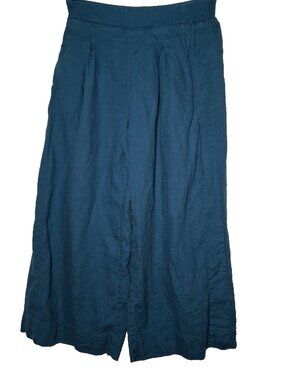 Athleta Playa Linen WIde Leg Crop Pants Size 8 Teal Elastic Waist Natural Boho